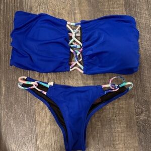 Victoria's Secret Vibrant Blue Bikini with Colorful Straps lg top xs bottom